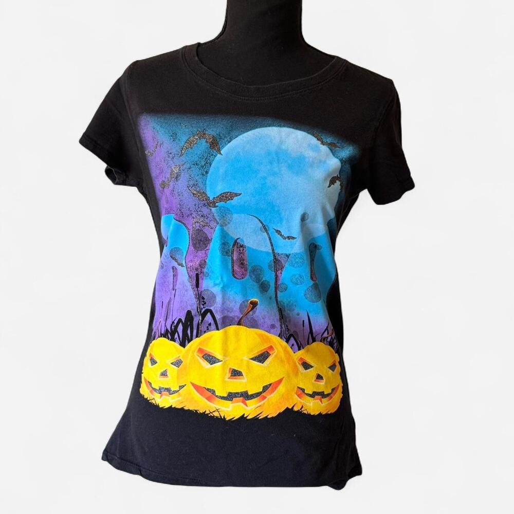 Y2k black halloween pumpkin graphic tee‎ sz sm cotton witchy autumn short sleeve - Picture 7 of 7